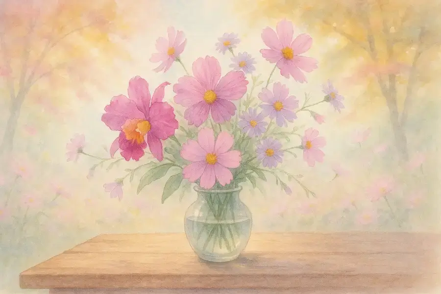 秋の光に照らされるカトレアやコスモスの花を描いた、やさしい水彩画の誕生花イラスト。