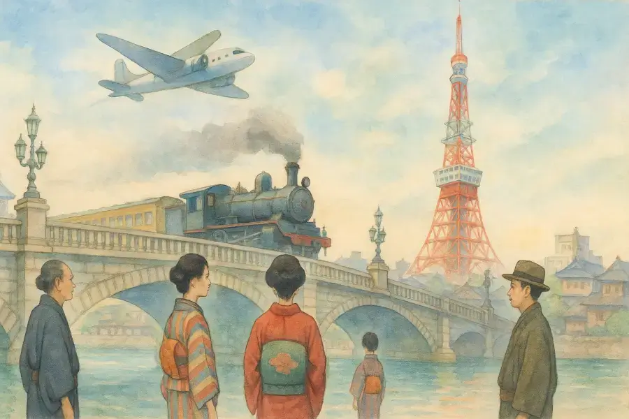 日本の歴史を象徴する東京タワーや列車などを組み合わせた、10月14日の歴史イメージ水彩画。