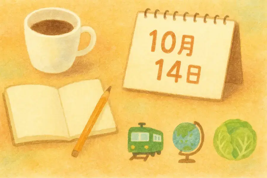 ノートとカレンダーの上に鉄道や焼うどんなどのモチーフが描かれた、10月14日の豆知識を表す水彩画。