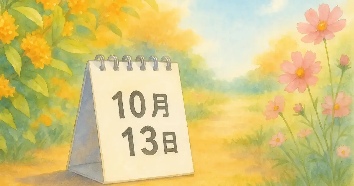 秋の陽射しの中で10月13日を示すカレンダーと花々が並ぶ水彩風イラスト。