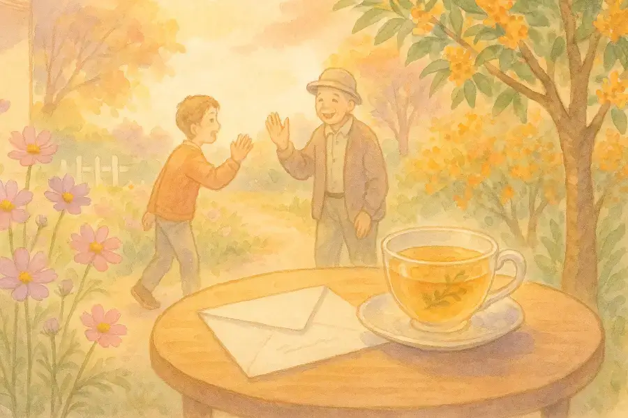 秋の光に包まれた庭先で、人と人が穏やかに言葉を交わす情景を描いた水彩風イラスト。