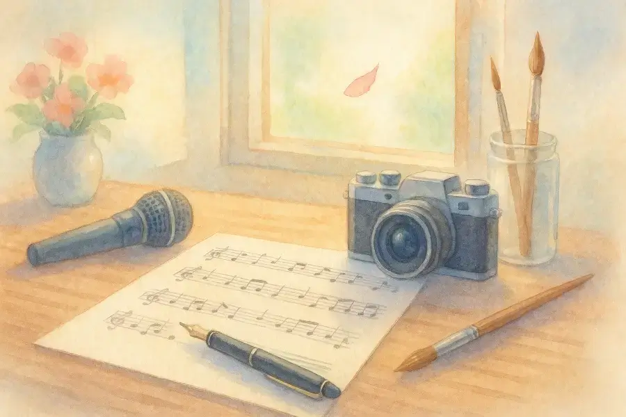 朝の光に照らされたテーブルに並ぶ楽器や筆、芸術の道具を描いた水彩イラスト。