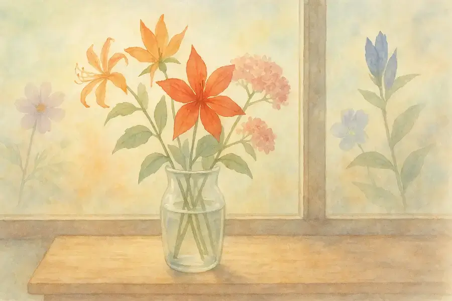 秋の花々（ネリネ・モミジアオイ・シモツケ）が飾られた穏やかな水彩風イラスト。