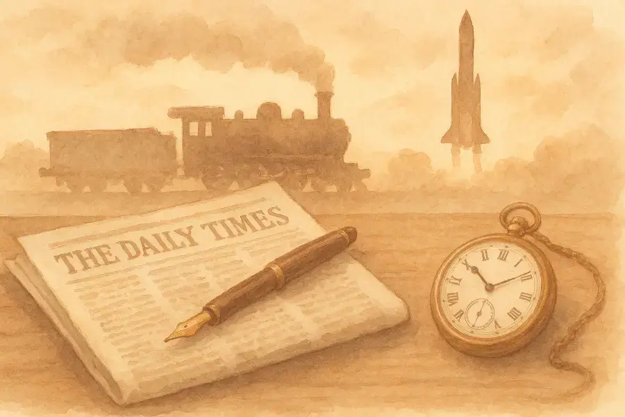 鉄道や宇宙のモチーフを背景にした、歴史を感じる水彩風イラスト。