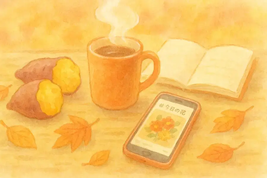 秋の午後、焼き芋とスマートフォンが並ぶティータイムの水彩イラスト。