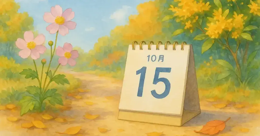 秋の小道に咲く金木犀と秋明菊。10月15日を示すカレンダーとやわらかな秋の光。