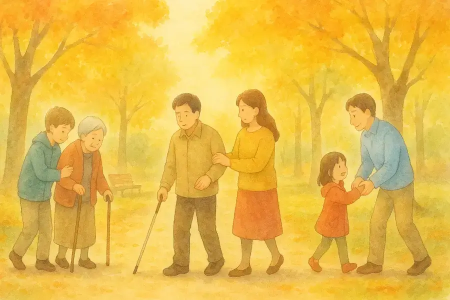 10月15日の記念日を象徴する秋の街と助けあう人々の姿。