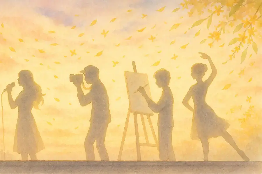 10月15日生まれの表現者たちのシルエット。歌う人や描く人が夕暮れの光の中に浮かぶ幻想的な風景。