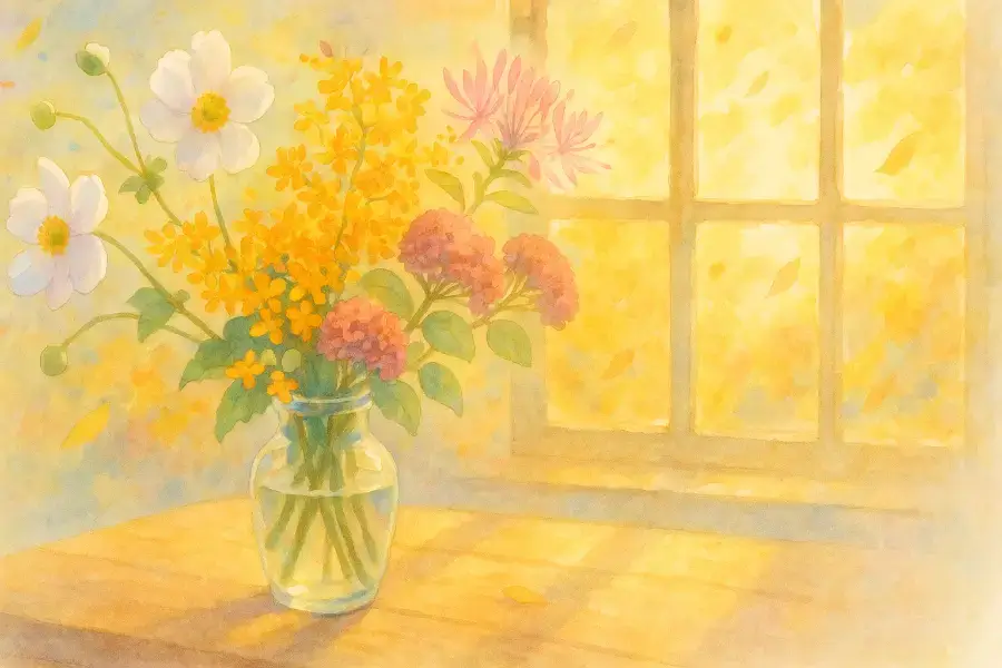 秋の誕生花シュウメイギクと金木犀、クレオメ、ミセバヤが並ぶ優しい静物画。