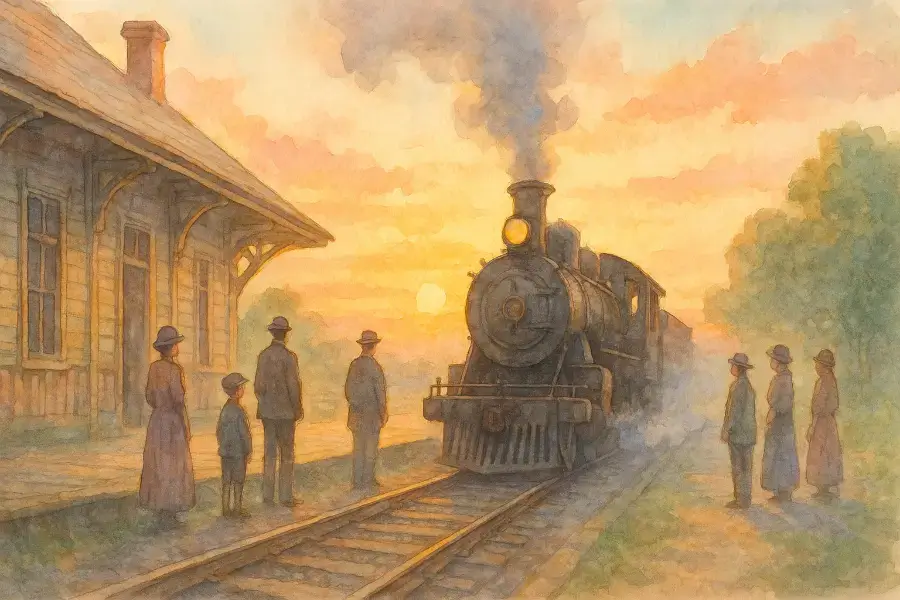 1872年の鉄道開通を象徴する蒸気機関車と秋の夕暮れ。