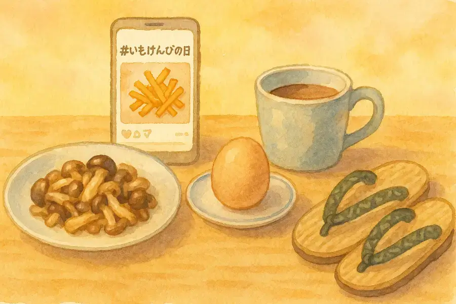 10月15日の豆知識を象徴する秋の味覚とSNSの話題が並ぶイラスト。