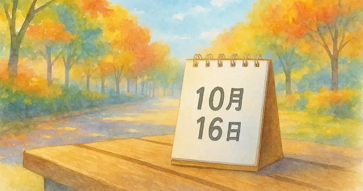 秋の街並みに「10月16日」と記された卓上カレンダー。木漏れ日が射すパステル風の水彩画。