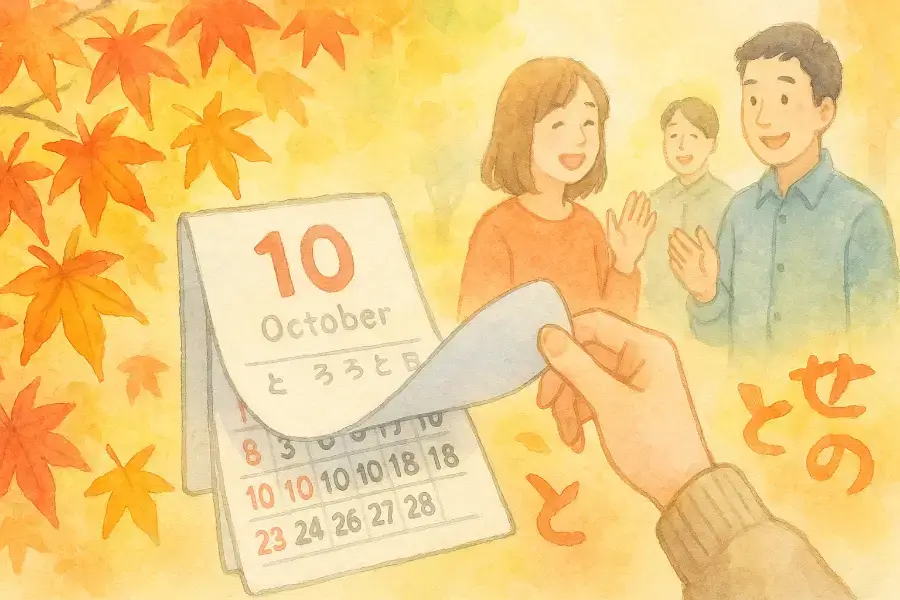 紅葉の街でカレンダーをめくる人。10月16日の記念日を象徴する秋の風景。
