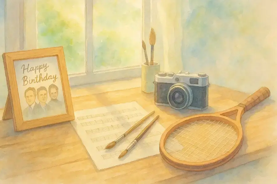 テーブルの上に芸術とスポーツを象徴する小物。誕生日を祝う柔らかな朝の光の情景。