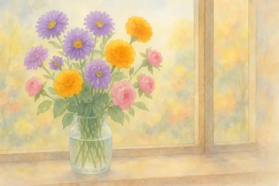 窓辺に飾られたシオンとマリーゴールド。秋の光に包まれる誕生花の水彩画。