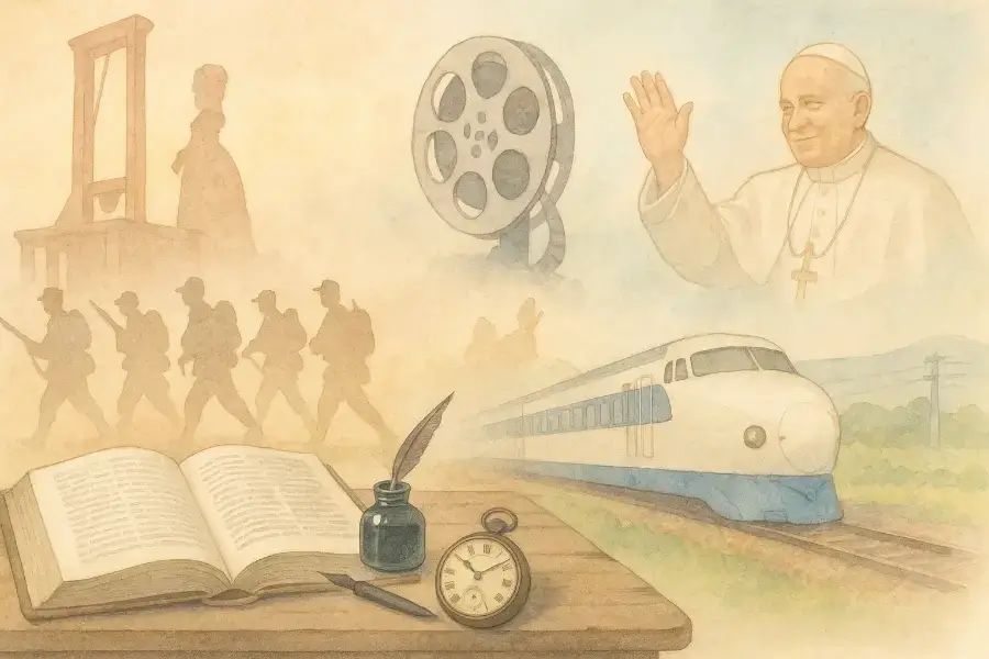 木の机に広げられた歴史書と懐中時計の上に、フランス革命やディズニー創設、長征、ヨハネ・パウロ2世など世界の出来事が淡く重なって描かれた水彩画。