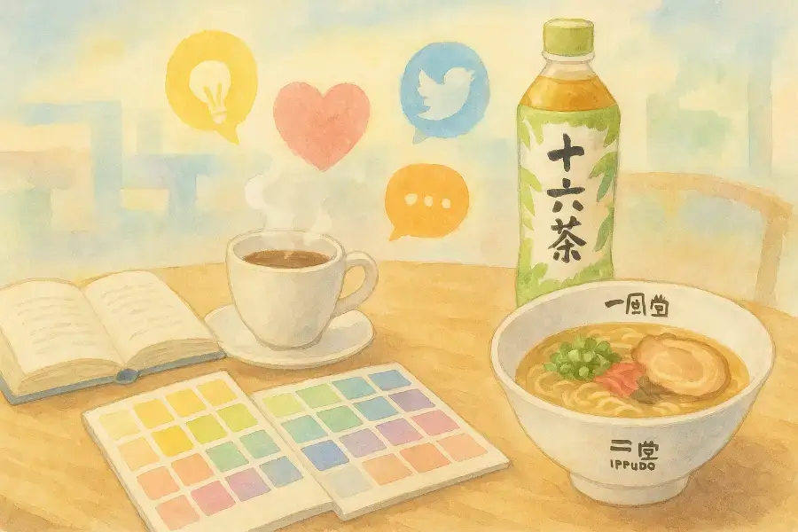 本とお茶とラーメンが並ぶカフェのテーブル。10月16日の豆知識を象徴する温かな水彩画。