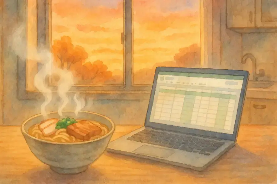 沖縄そばとスプレッドシートを並べた秋の夕暮れの台所を描いた水彩画。