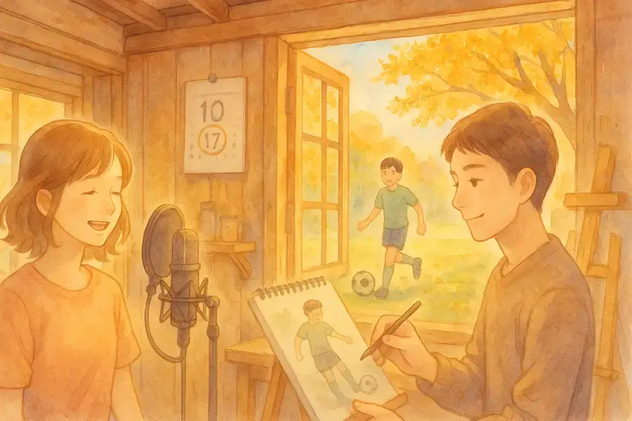 歌手や画家、サッカー選手がそれぞれの夢に向かう姿を描いた、10月17日生まれの人々を祝う水彩画。