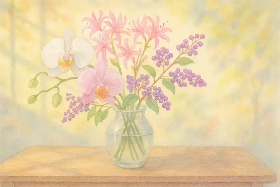 コチョウラン、ネリネ、ムラサキシキブが花瓶に生けられた秋の光の中の水彩画。