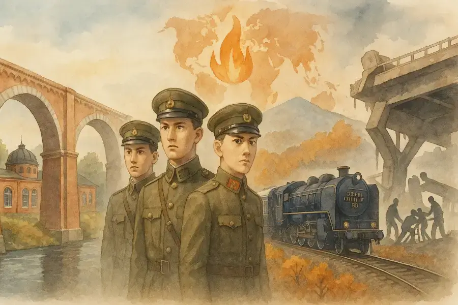 明治から現代までの出来事を時間の流れで描いた、10月17日の歴史を象徴する水彩画。