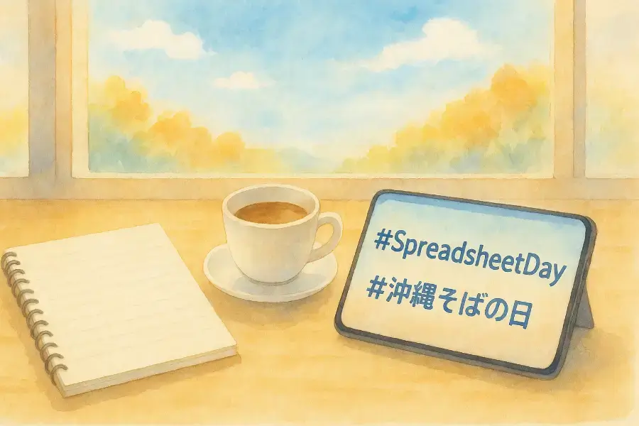 ノートとスマートフォンにハッシュタグが映る、秋のデスク風景の水彩画。