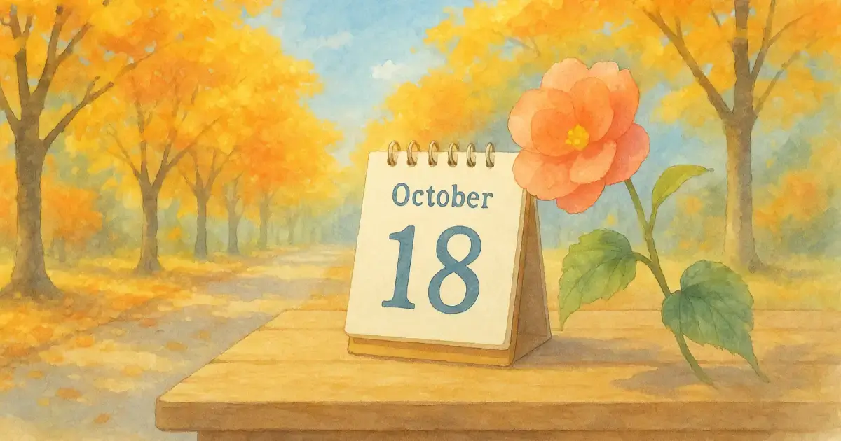 10月18日のカレンダーとベゴニアの花が並ぶ秋のテーブル。柔らかな光に包まれた水彩画風の風景。