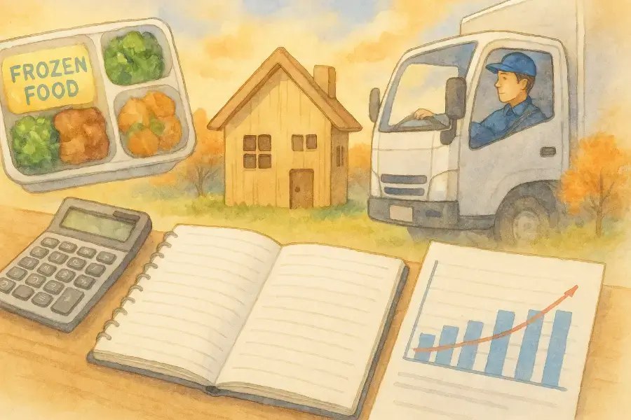 グラフとノート、冷凍食品、木造住宅、トラック運転手を描いた、10月18日の日本の記念日を象徴する水彩画。