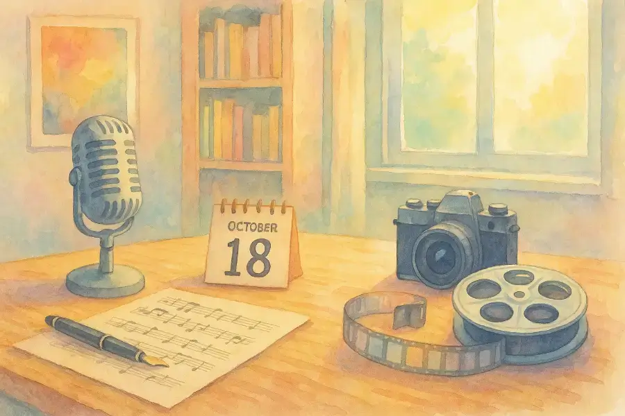 マイクやカメラ、楽譜が並ぶデスクと「10月18日」のカレンダー。創造と表現の誕生日を描いた水彩画。