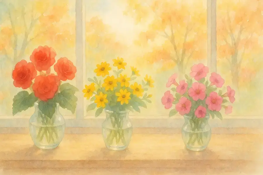 ベゴニア、メランポジウム、カリブラコアの花瓶が並ぶ窓辺。秋の光に包まれた10月18日の誕生花の水彩画。