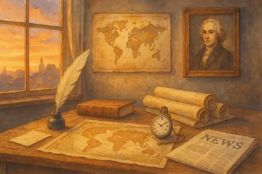 羽ペンと古地図、時計が置かれた机と夕暮れの窓。10月18日の歴史を象徴するクラシカルな水彩画。