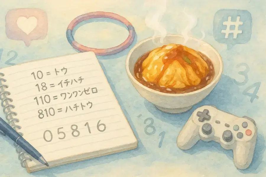 ノートに書かれた語呂合わせメモと天津飯、フラフープ、ゲーム機。10月18日の豆知識を描いた水彩画。