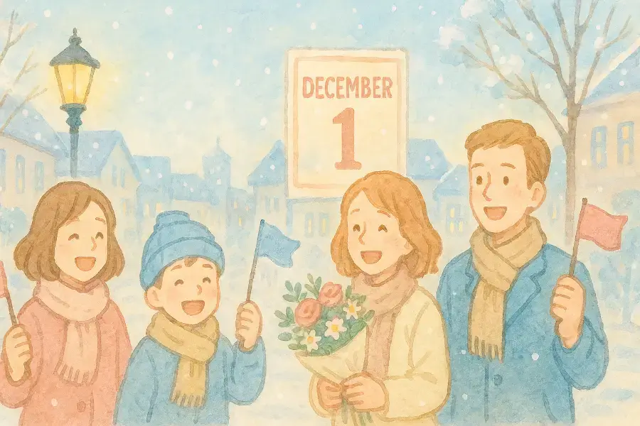 冬の街で記念日を祝う人々を描いた横長の水彩画。旗や花を手にした姿が穏やかな笑顔であふれる情景。