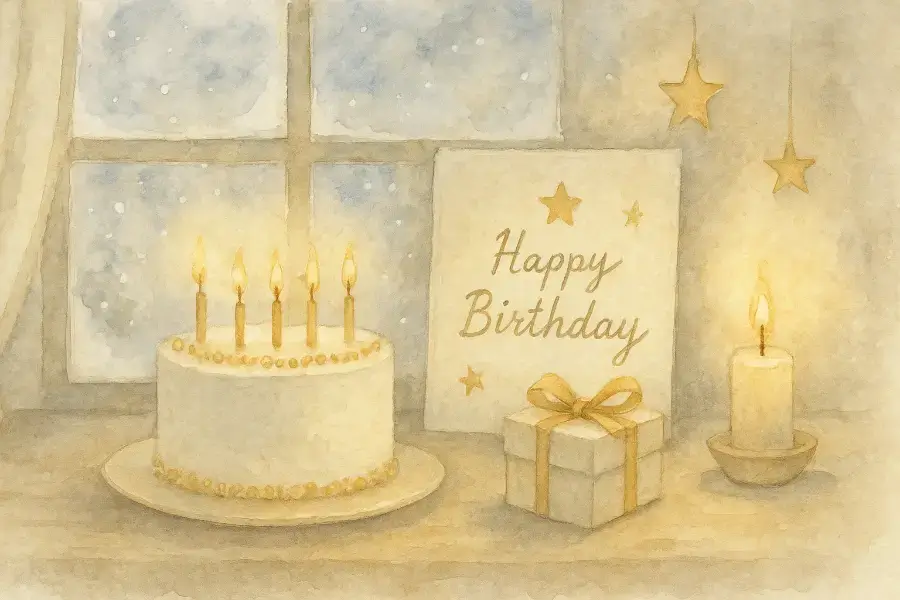 冬の窓辺でケーキのキャンドルが灯る水彩画。星のモチーフと雪の景色が誕生日を祝う静かな情景。