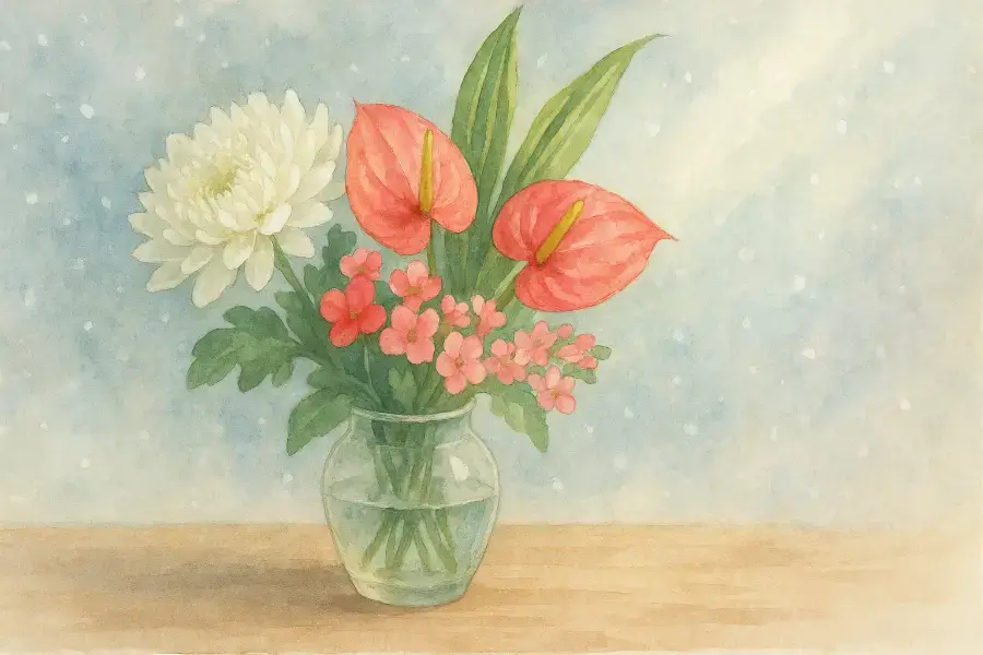 菊やアンスリウム、カランコエなど冬の誕生花を束ねた横長の水彩画。雪の光に照らされるブーケが穏やかに輝く。