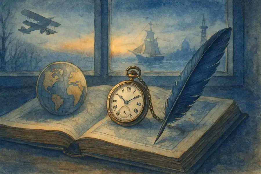 古い本と懐中時計、羽ペンが描かれた横長の水彩画。冬の光に照らされるページが時の流れを語る。