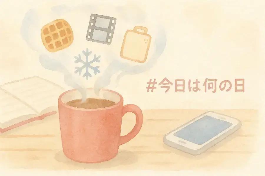 マグカップの湯気からワッフルや映画フィルムが浮かぶ横長の水彩画。冬の日常をやさしく描いた豆知識の挿絵。